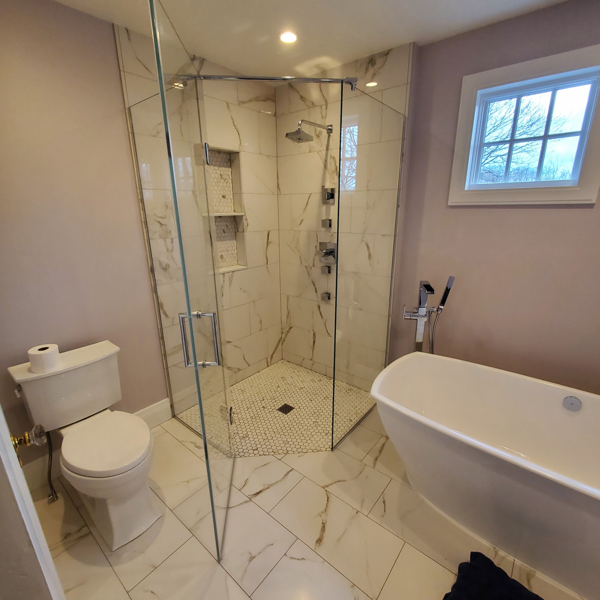 Calacatta Marble Primary Bath — Bathroom remodel in Fox Chapel, PA by Trademark Design