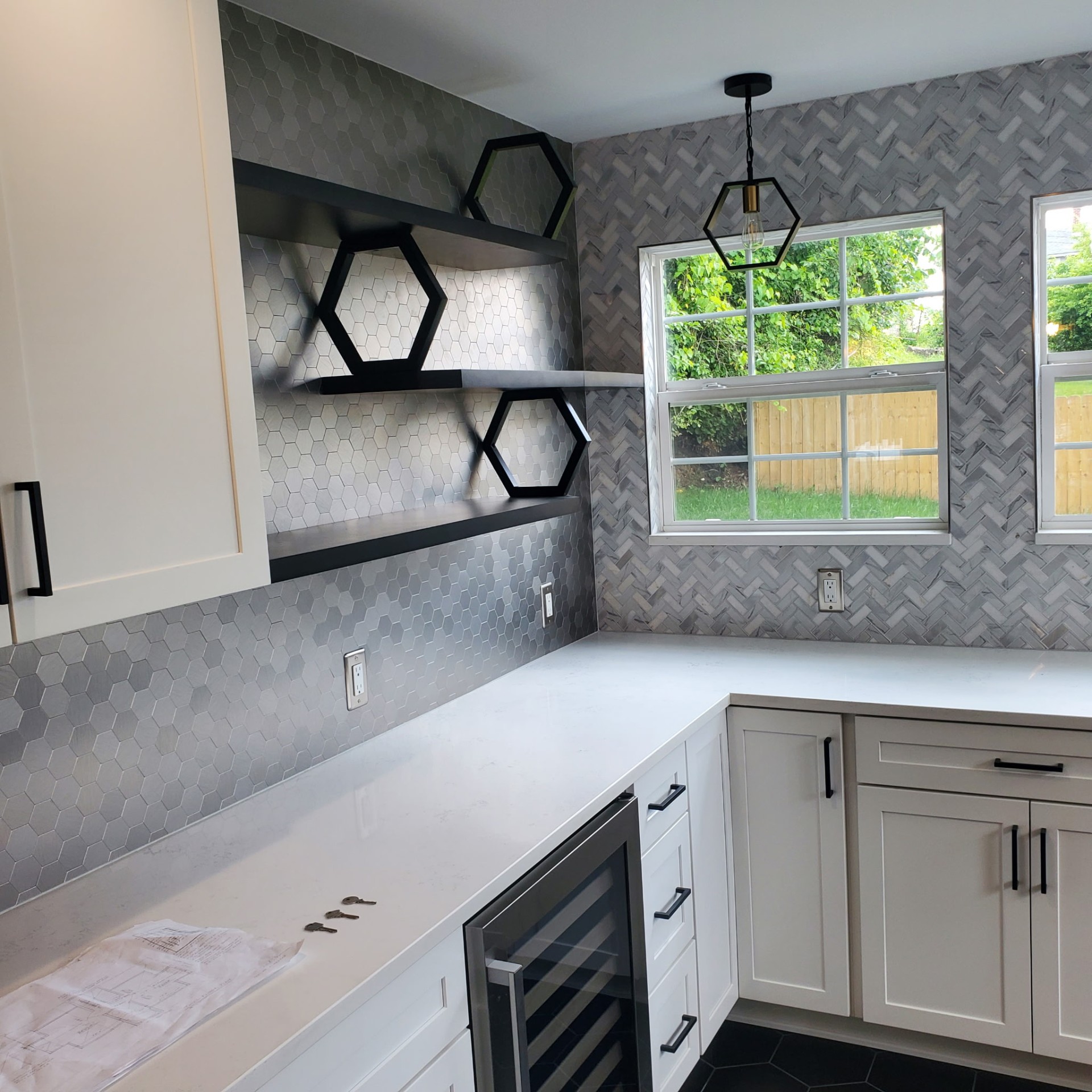 Hex Shelving & Herringbone Tile — Kitchen remodel in Wexford, PA by Trademark Design
